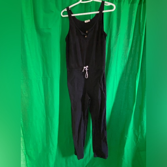 Black cotton romper with white string cinch waist - Picture 1 of 2